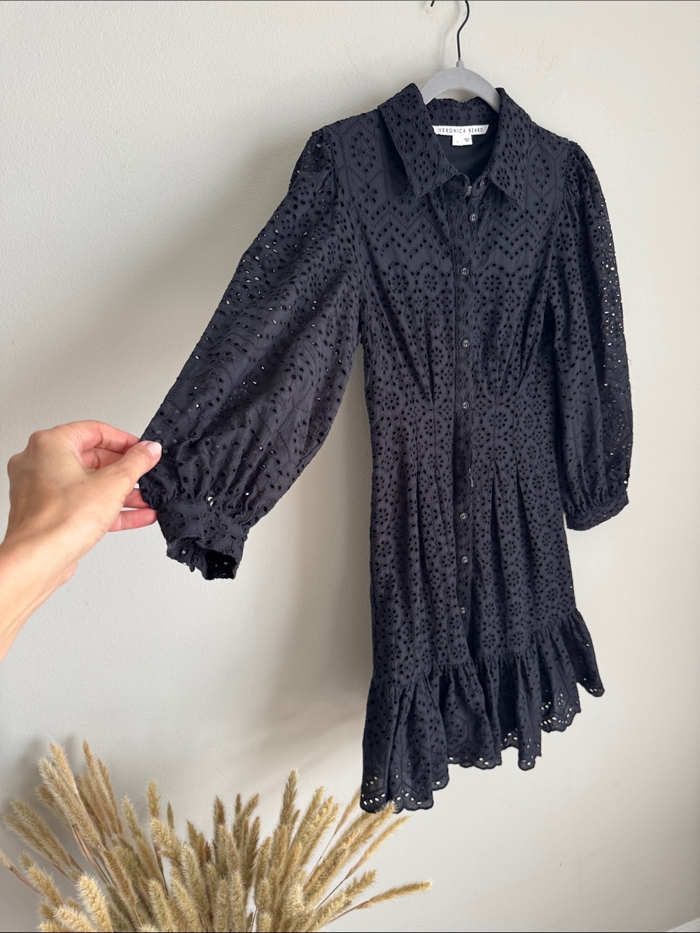 Veronica Beard Black Eyelet Cotton Mini Dress Size 2 Puff Sleeve - Picture 6 of 13